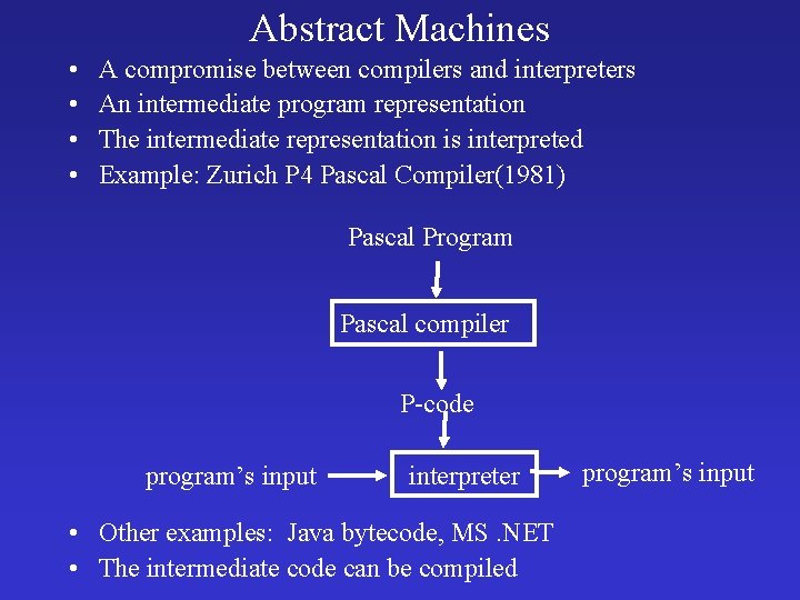 Abstract Machines • • A compromise between compilers and interpreters An intermediate program representation