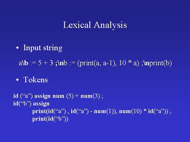 Lexical Analysis • Input string ab : = 5 + 3 ; nb :