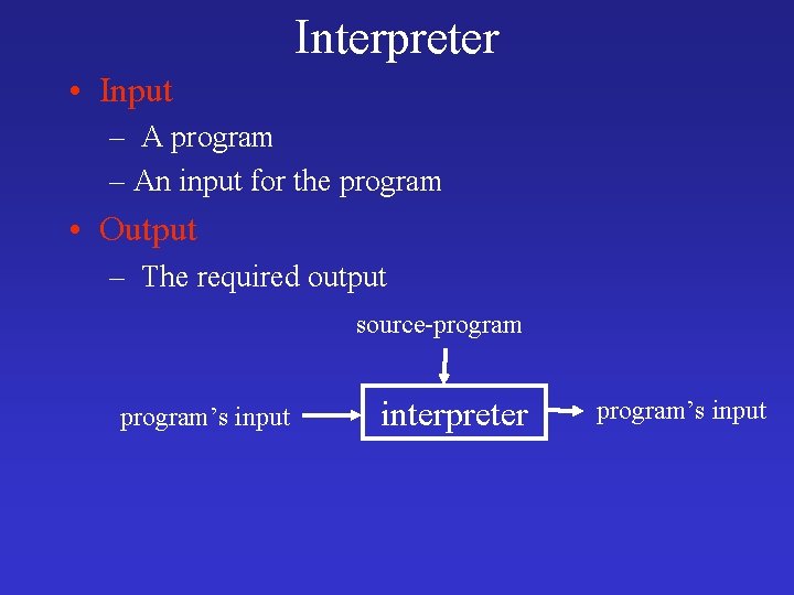 Interpreter • Input – A program – An input for the program • Output