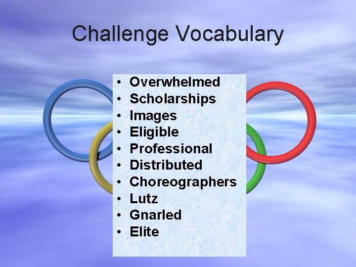 Challenge Vocabulary • • • Overwhelmed Scholarships Images Eligible Professional Distributed Choreographers Lutz Gnarled
