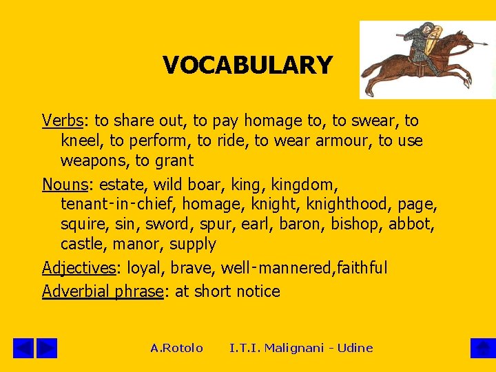 VOCABULARY Verbs: to share out, to pay homage to, to swear, to kneel, to