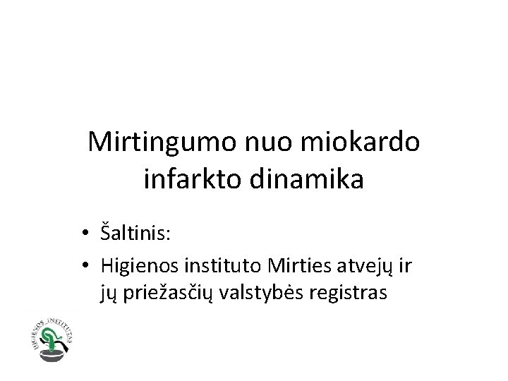 Mirtingumo nuo miokardo infarkto dinamika • Šaltinis: • Higienos instituto Mirties atvejų ir jų