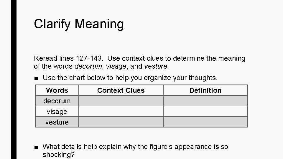 Clarify Meaning Reread lines 127 -143. Use context clues to determine the meaning of