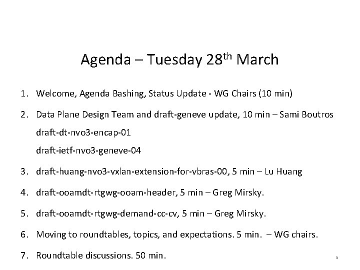 Agenda – Tuesday 28 th March 1. Welcome, Agenda Bashing, Status Update - WG