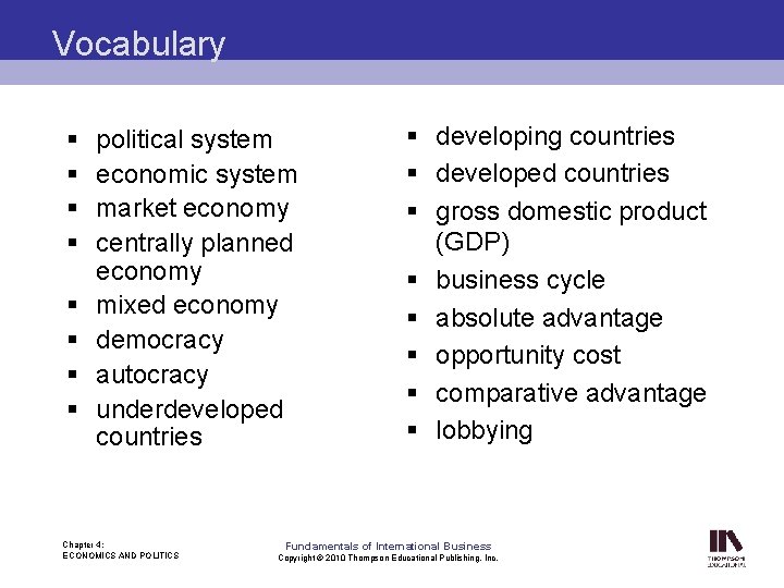 Vocabulary § § § § political system economic system market economy centrally planned economy