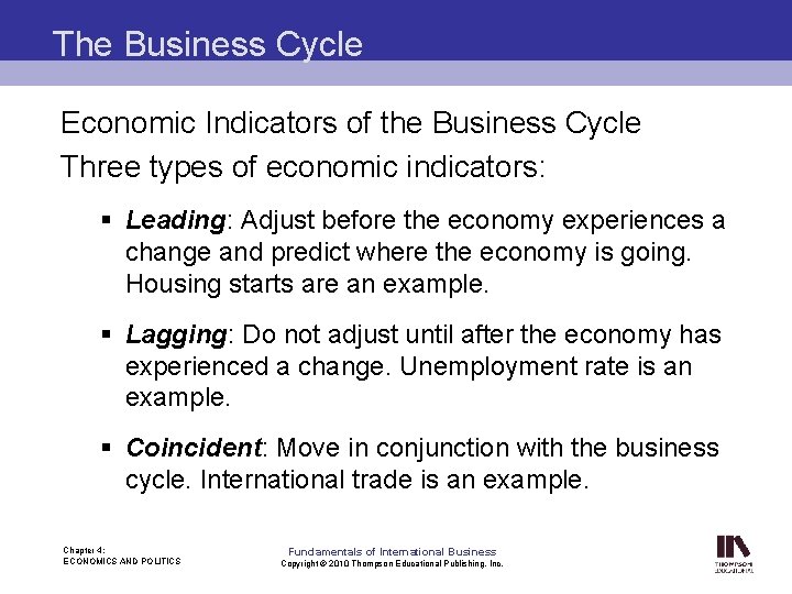 The Business Cycle Economic Indicators of the Business Cycle Three types of economic indicators:
