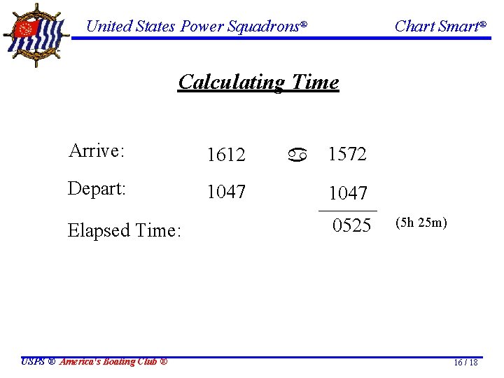 United States Power Squadrons® Chart Smart® Calculating Time Arrive: 1612 Depart: 1047 Elapsed Time: