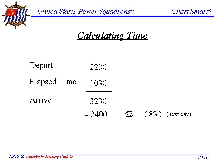 United States Power Squadrons® Chart Smart® Calculating Time Depart: Elapsed Time: Arrive: 2200 1030