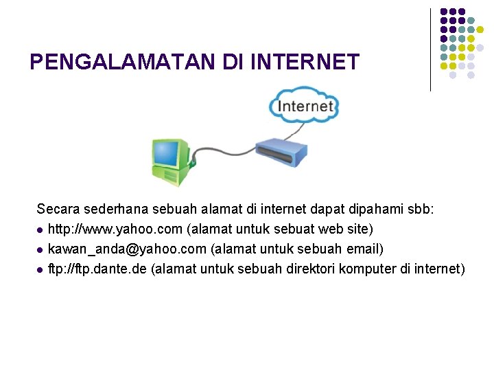 PENGALAMATAN DI INTERNET Secara sederhana sebuah alamat di internet dapat dipahami sbb: l http: