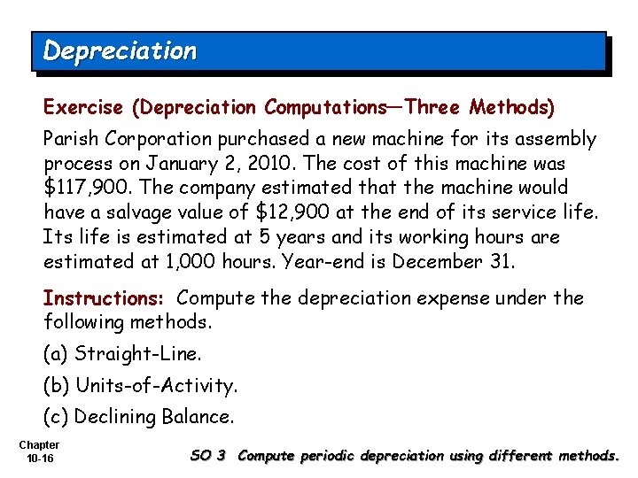 Depreciation Exercise (Depreciation Computations—Three Methods) Parish Corporation purchased a new machine for its assembly