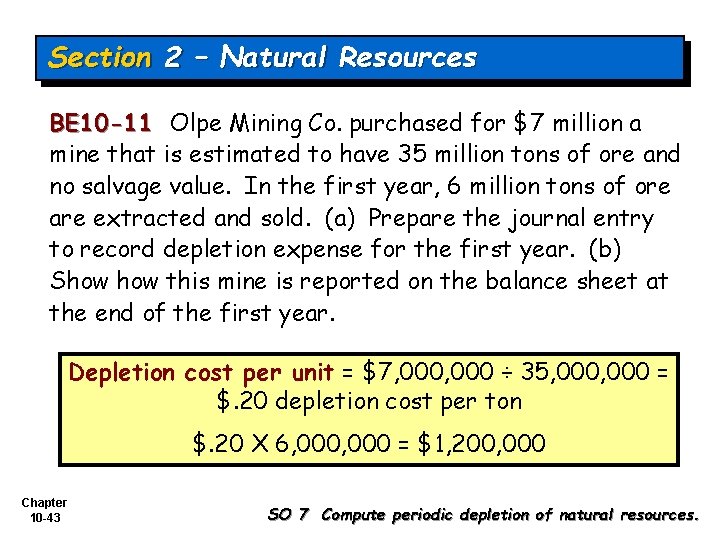 Section 2 – Natural Resources BE 10 -11 Olpe Mining Co. purchased for $7