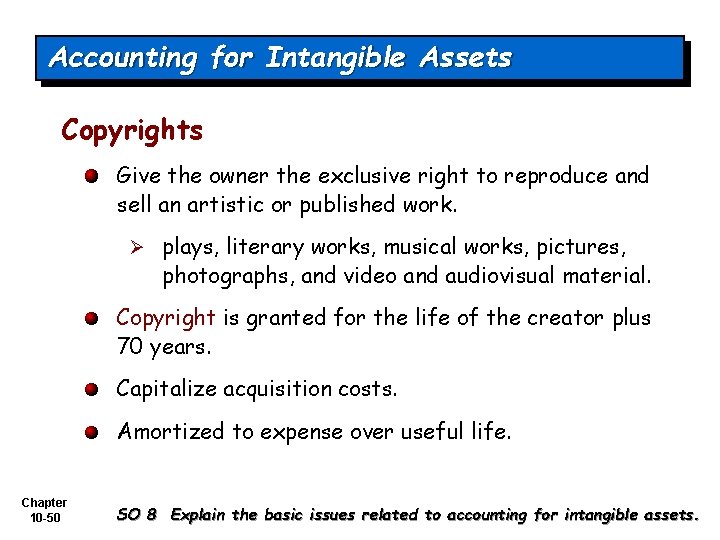 Accounting for Intangible Assets Copyrights Give the owner the exclusive right to reproduce and