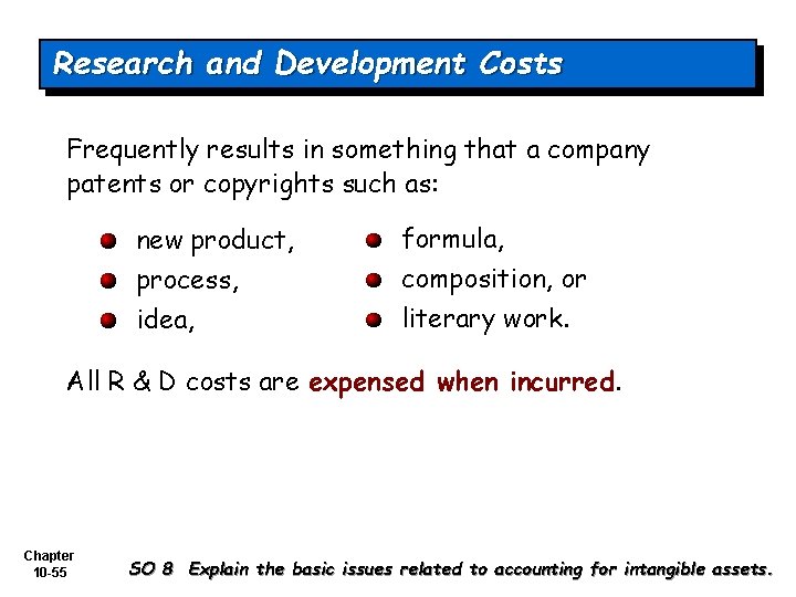 Research and Development Costs Frequently results in something that a company patents or copyrights