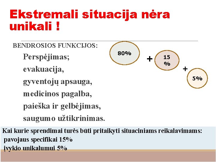 Ekstremali situacija nėra unikali ! BENDROSIOS FUNKCIJOS: Perspėjimas; evakuacija, gyventojų apsauga, medicinos pagalba, paieška