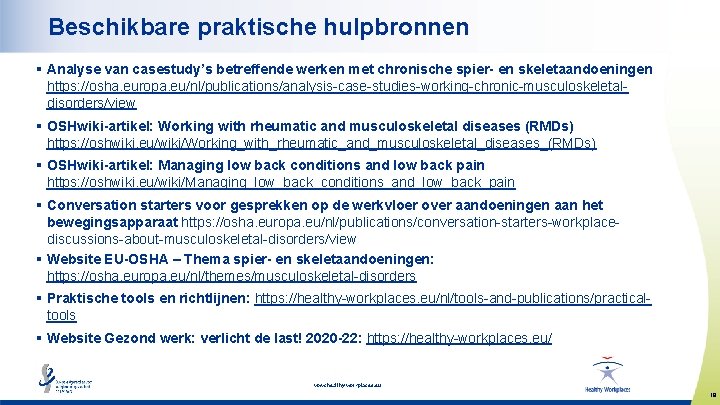 Beschikbare praktische hulpbronnen § Analyse van casestudy’s betreffende werken met chronische spier- en skeletaandoeningen