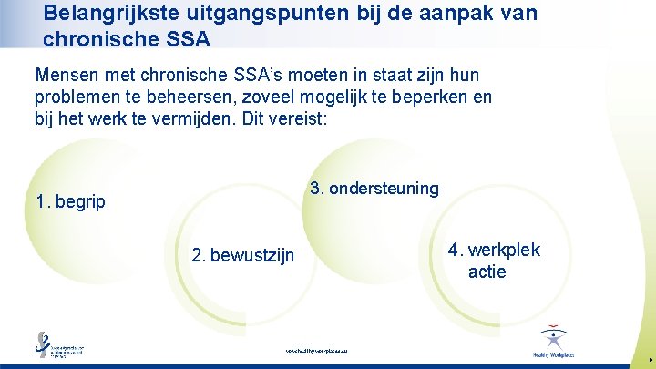 Belangrijkste uitgangspunten bij de aanpak van chronische SSA Mensen met chronische SSA’s moeten in