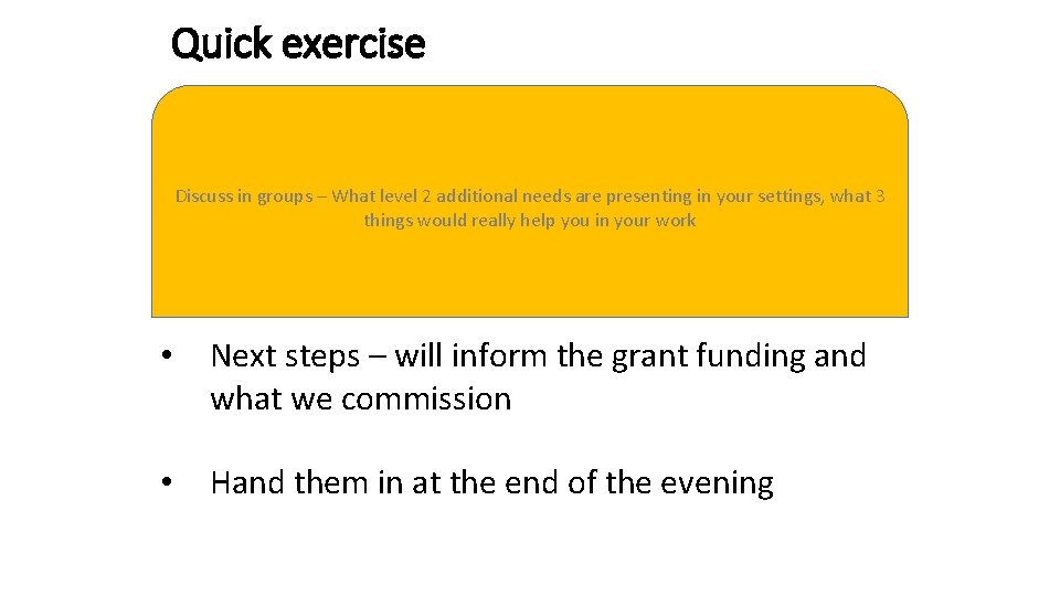 Quick exercise Discuss in groups – What level 2 additional needs are presenting in