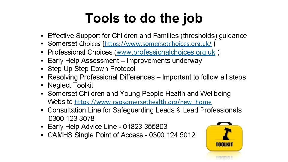 Tools to do the job • • Effective Support for Children and Families (thresholds)