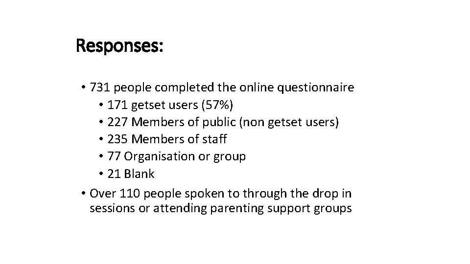 Responses: • 731 people completed the online questionnaire • 171 getset users (57%) •