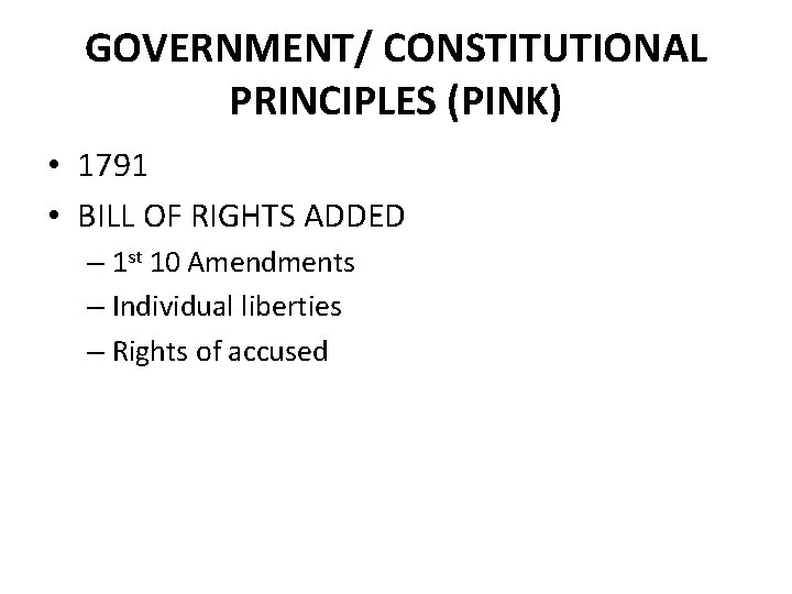 GOVERNMENT/ CONSTITUTIONAL PRINCIPLES (PINK) • 1791 • BILL OF RIGHTS ADDED – 1 st