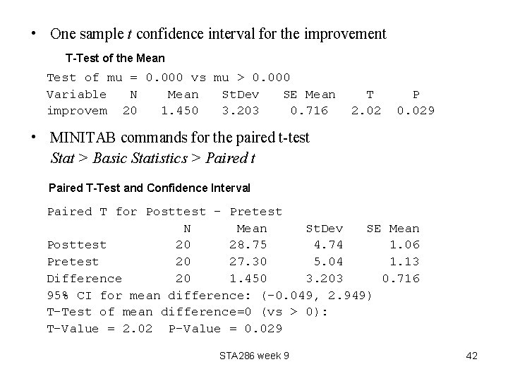  • One sample t confidence interval for the improvement T-Test of the Mean