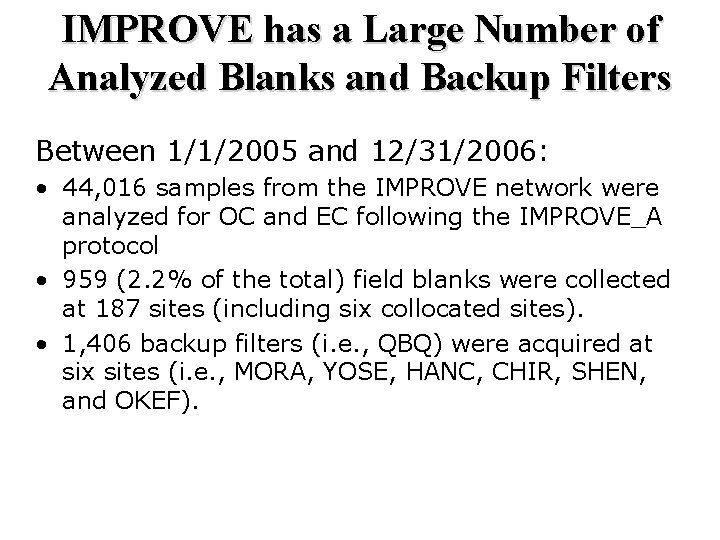 IMPROVE has a Large Number of Analyzed Blanks and Backup Filters Between 1/1/2005 and