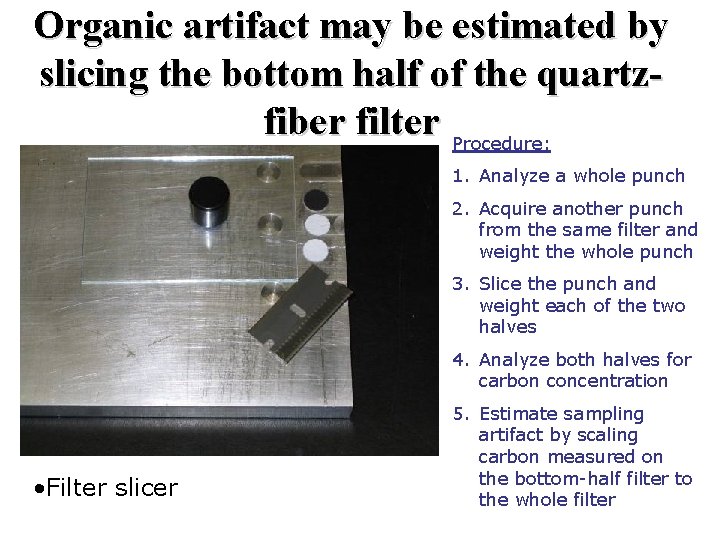 Organic artifact may be estimated by slicing the bottom half of the quartzfiber filter