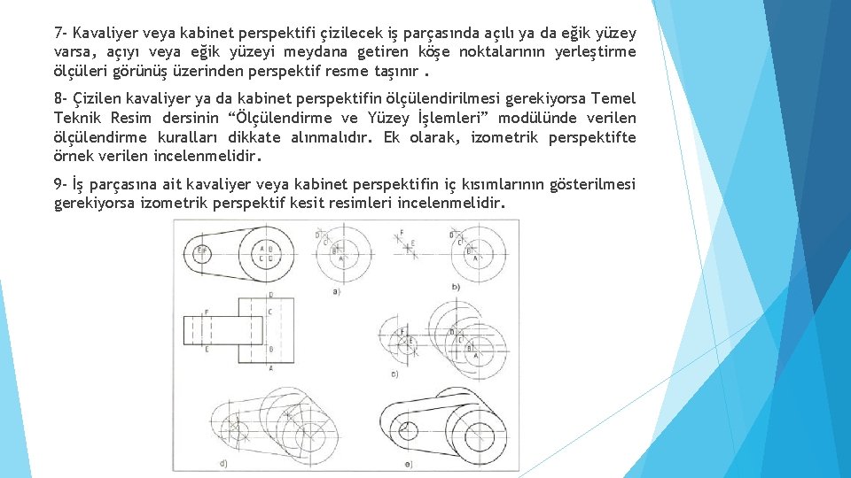 7 - Kavaliyer veya kabinet perspektifi çizilecek iş parçasında açılı ya da eğik yüzey