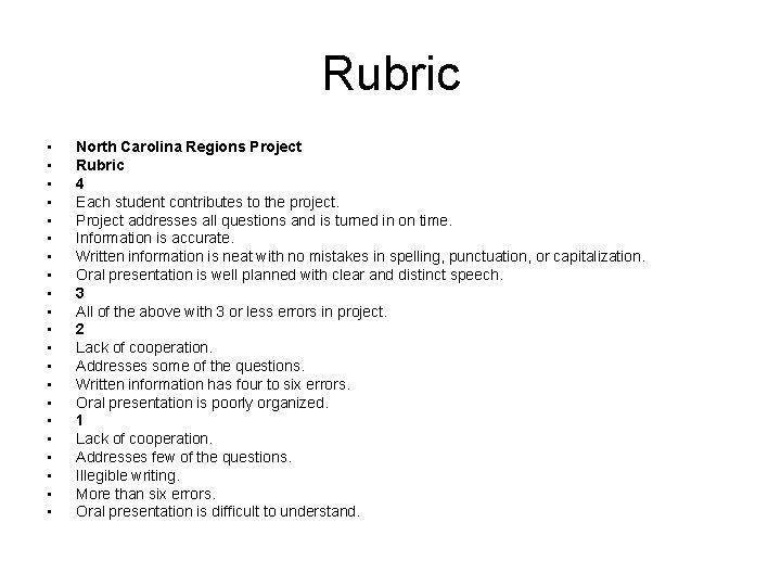 Rubric • • • • • • North Carolina Regions Project Rubric 4 Each