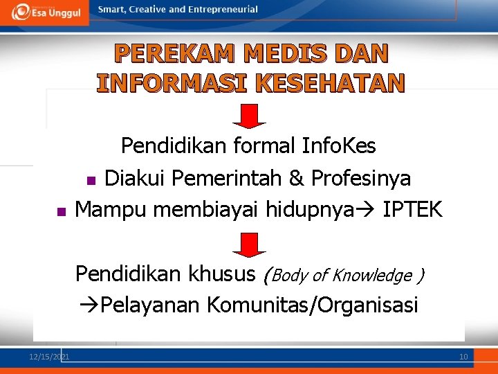 PEREKAM MEDIS DAN INFORMASI KESEHATAN n Pendidikan formal Info. Kes n Diakui Pemerintah &