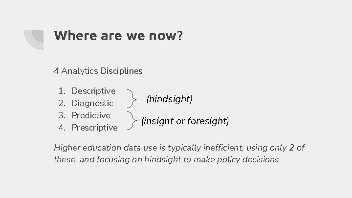 Where are we now? 4 Analytics Disciplines 1. 2. 3. 4. Descriptive Diagnostic Predictive Where are we now? 4 Analytics Disciplines 1. 2. 3. 4. Descriptive Diagnostic Predictive
