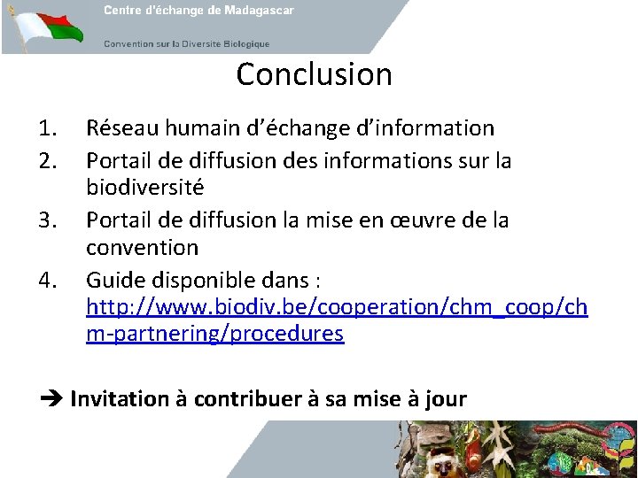 Conclusion 1. 2. 3. 4. Réseau humain d’échange d’information Portail de diffusion des informations