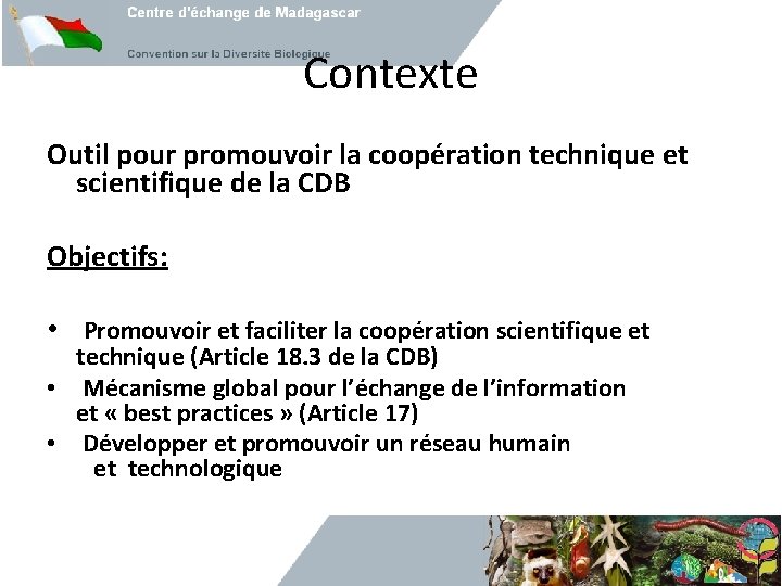 Contexte Outil pour promouvoir la coopération technique et scientifique de la CDB Objectifs: •