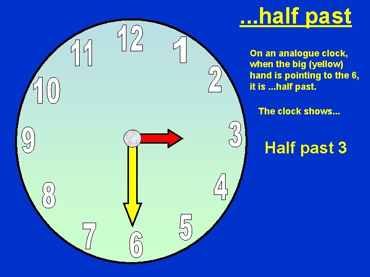 . . . half past On an analogue clock, when the big (yellow) hand