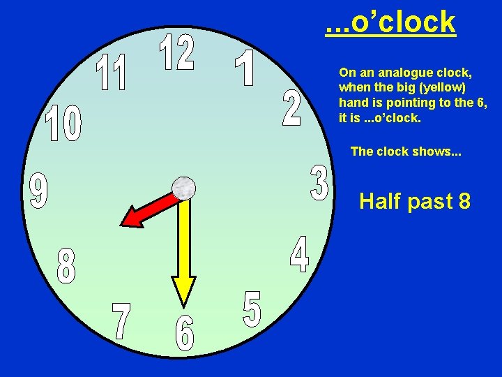 . . . o’clock On an analogue clock, when the big (yellow) hand is