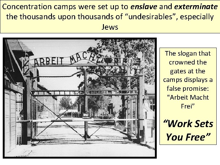 Concentration camps were set up to enslave and exterminate thousands upon thousands of “undesirables”, Concentration camps were set up to enslave and exterminate thousands upon thousands of “undesirables”,