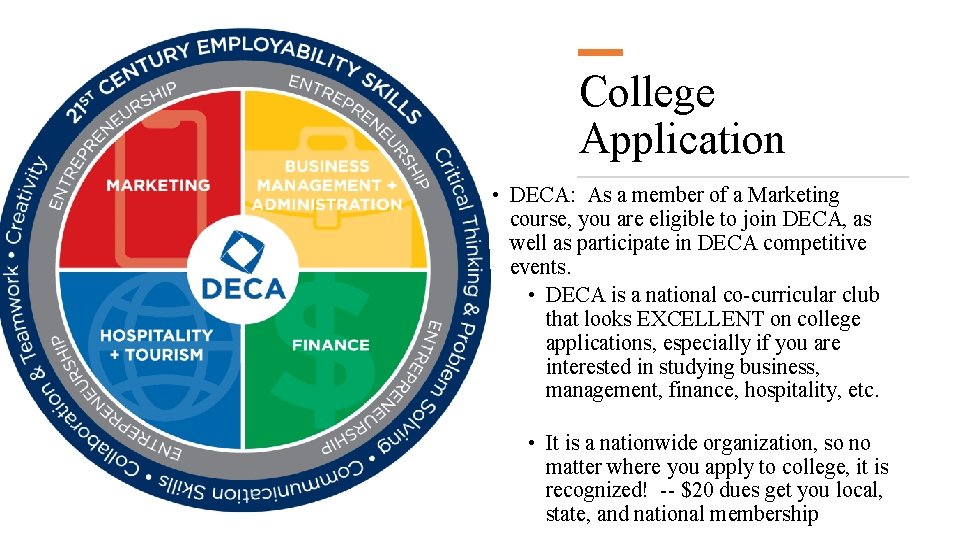 College Application • DECA: As a member of a Marketing course, you are eligible