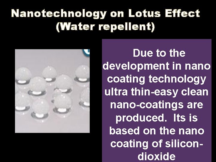 Nanotechnology on Lotus Effect (Water repellent) Due to the development in nano coating technology