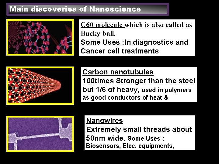 Main discoveries of Nanoscience C 60 molecule which is also called as Bucky ball.