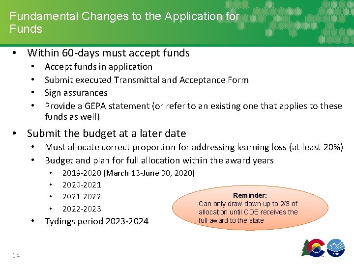 Fundamental Changes to the Application for Funds • Within 60 -days must accept funds