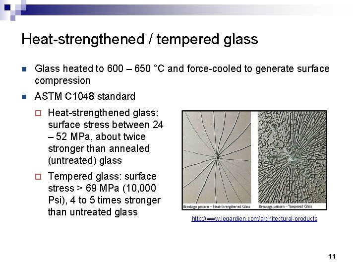 Heat-strengthened / tempered glass n Glass heated to 600 – 650 °C and force-cooled