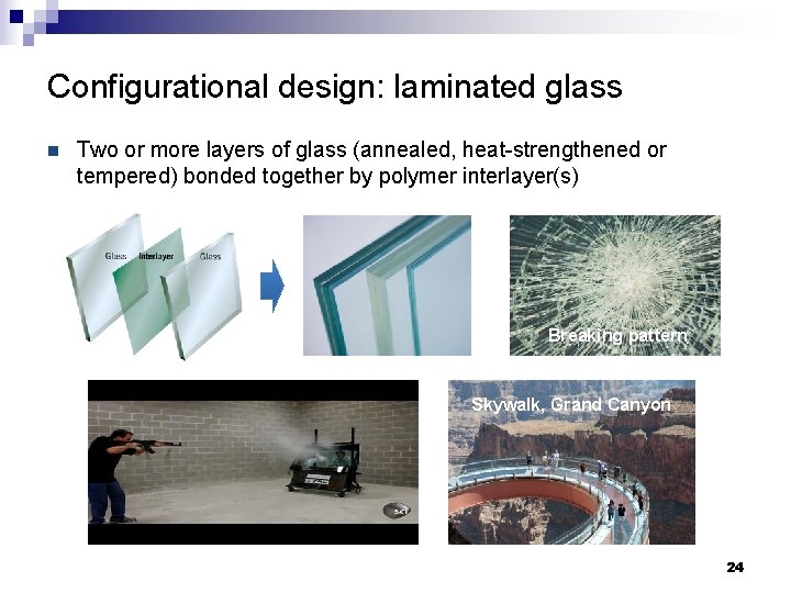 Configurational design: laminated glass n Two or more layers of glass (annealed, heat-strengthened or