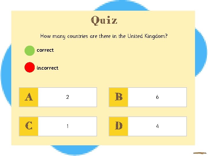 Quiz How many countries are there in the United Kingdom? correct incorrect A 2