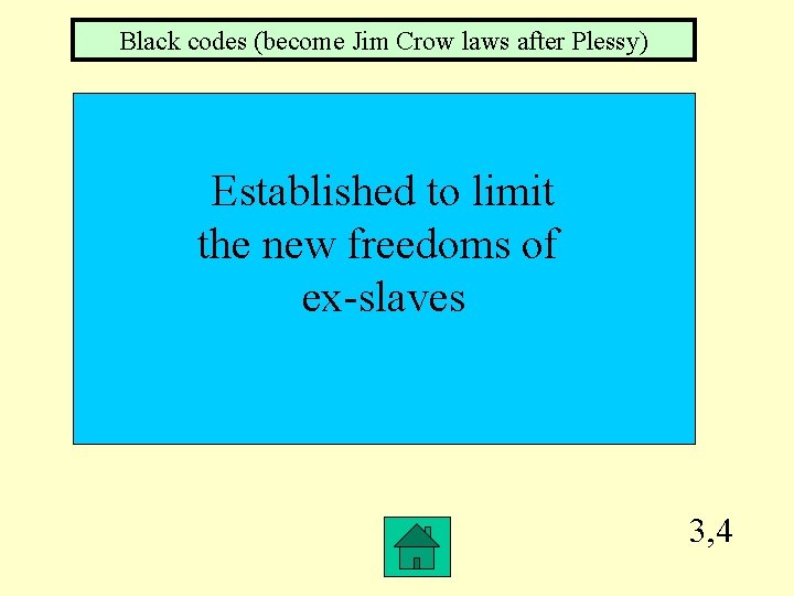 Black codes (become Jim Crow laws after Plessy) Established to limit the new freedoms