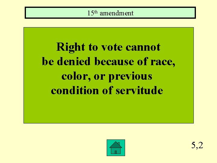 15 th amendment Right to vote cannot be denied because of race, color, or