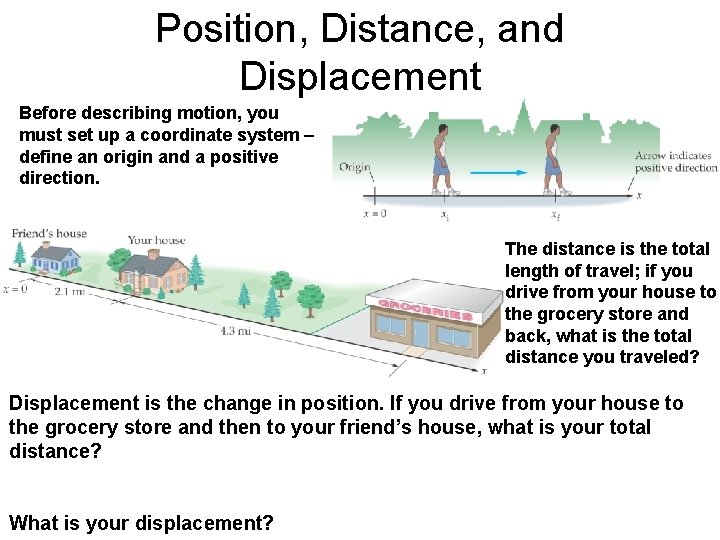 Position, Distance, and Displacement Before describing motion, you must set up a coordinate system