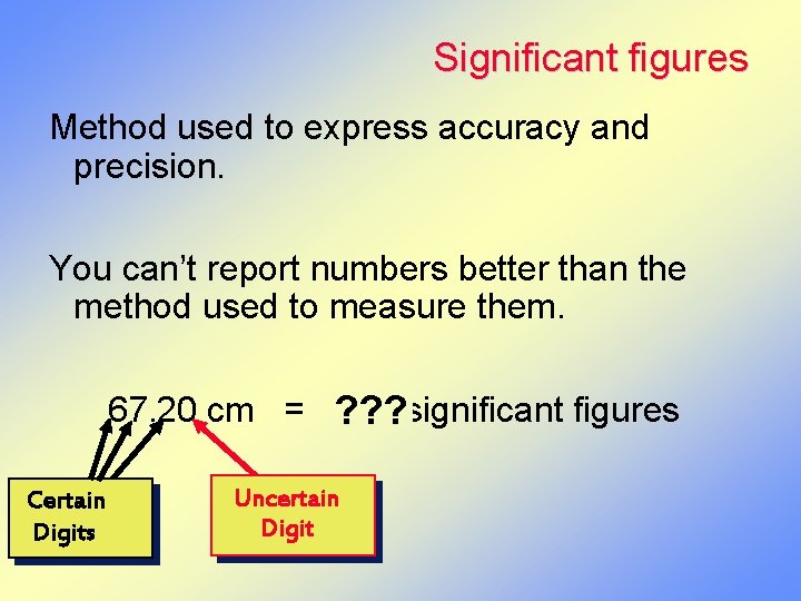 Significant figures Method used to express accuracy and precision. You can’t report numbers better