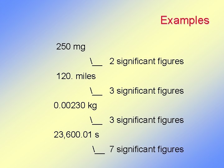 Examples 250 mg __ 2 significant figures 120. miles __ 3 significant figures 0.