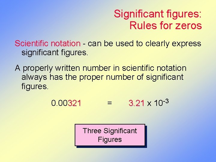 Significant figures: Rules for zeros Scientific notation - can be used to clearly express