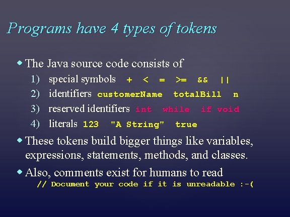 Programs have 4 types of tokens The Java source code consists of 1) 2)